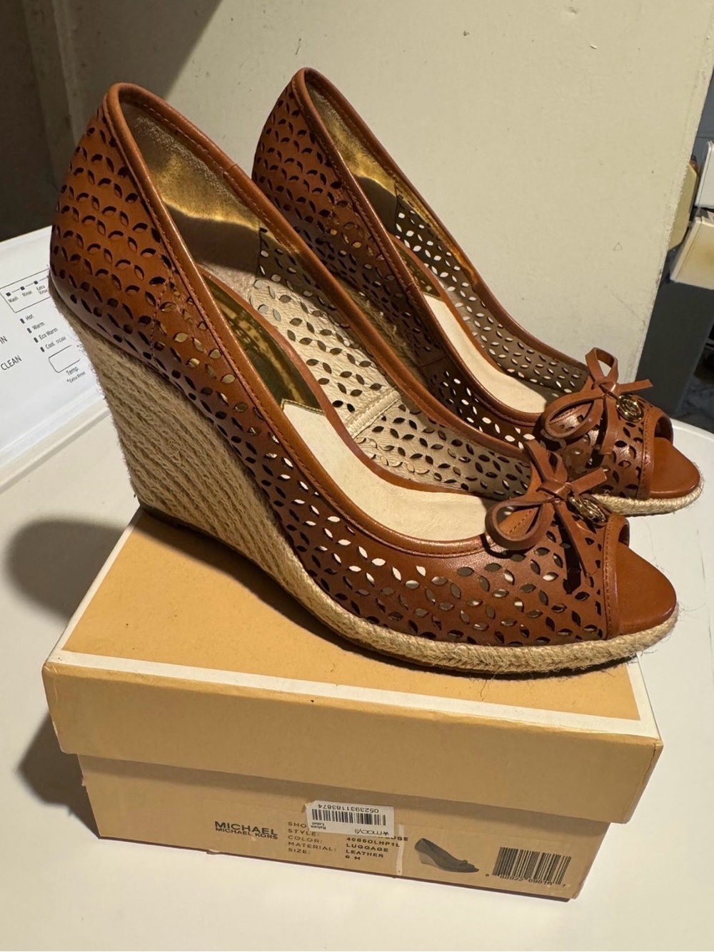 Michael Kors Cognac Perforated Leather Espadrille Wedge Peep-Toe